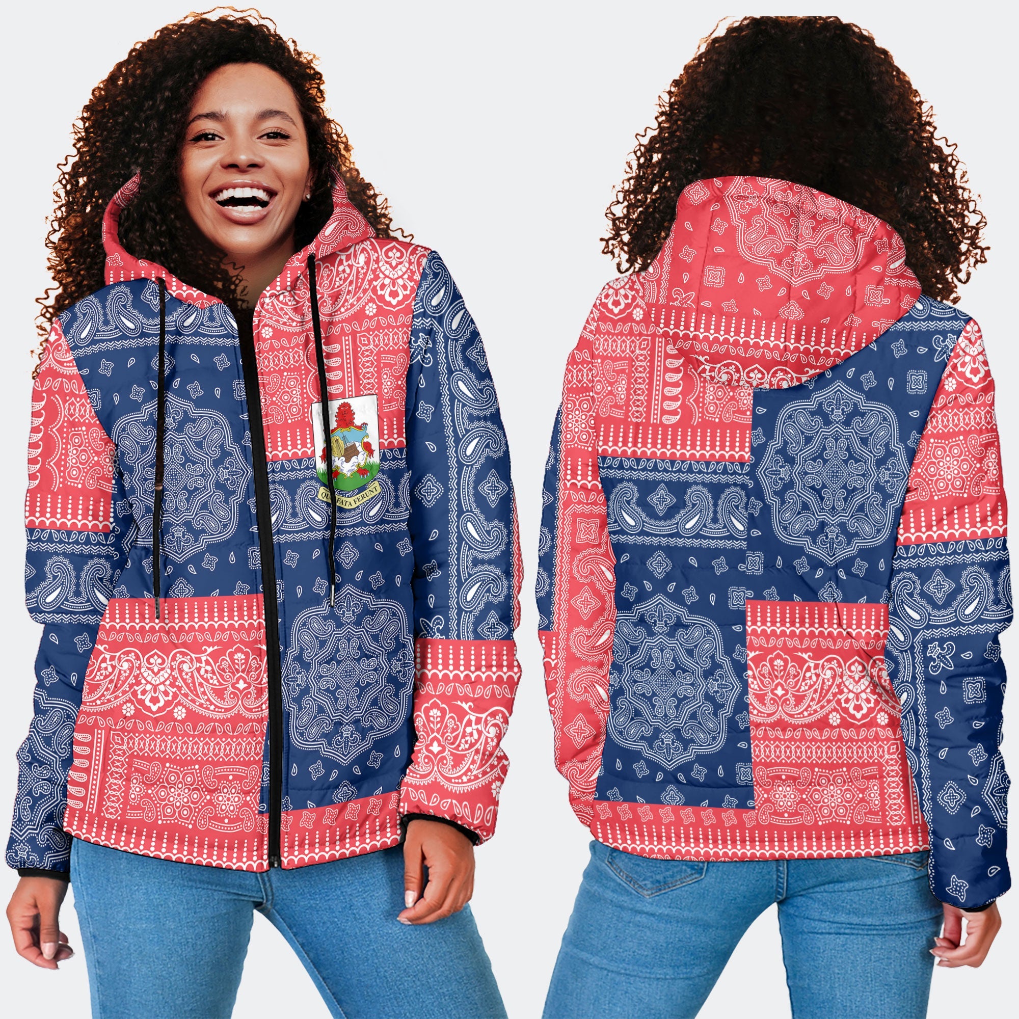 Bermuda Women Hooded Padded Jacket Flag And Paisley Basic Style 4