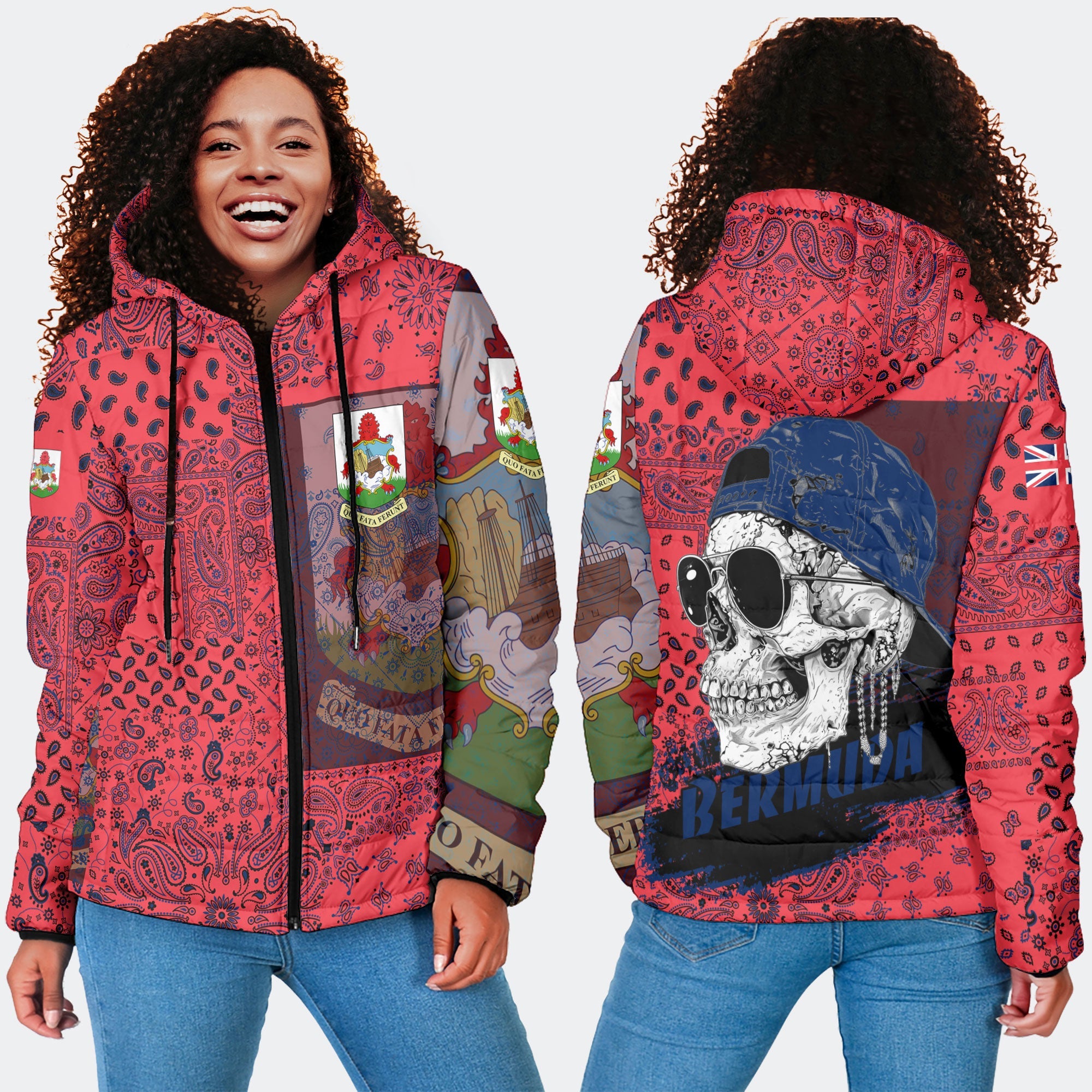 Bermuda Women Hooded Padded Jacket Paisley Flag And Skull Style 4