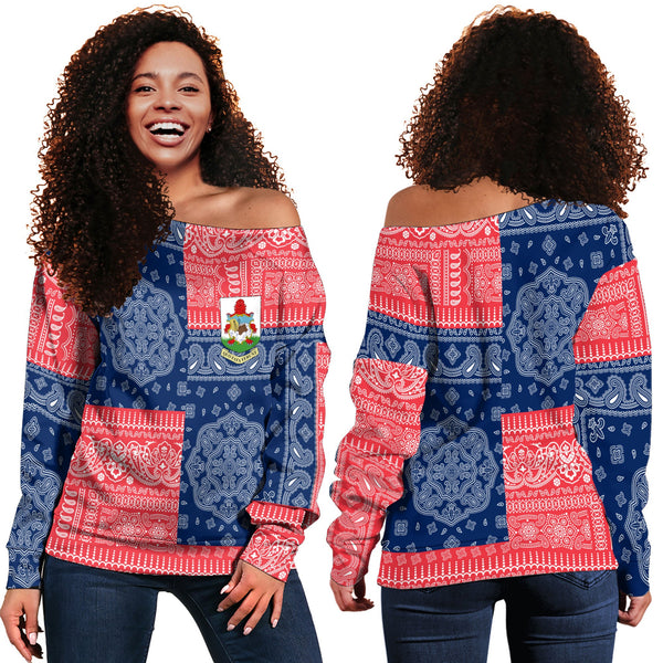 Bermuda Women Off Shoulder Sweatshirt Flag And Paisley Basic Style 1