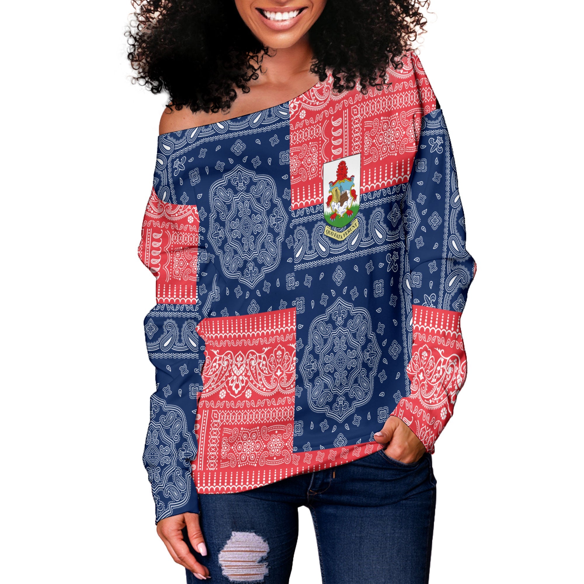 Bermuda Women Off Shoulder Sweatshirt Flag And Paisley Basic Style 2