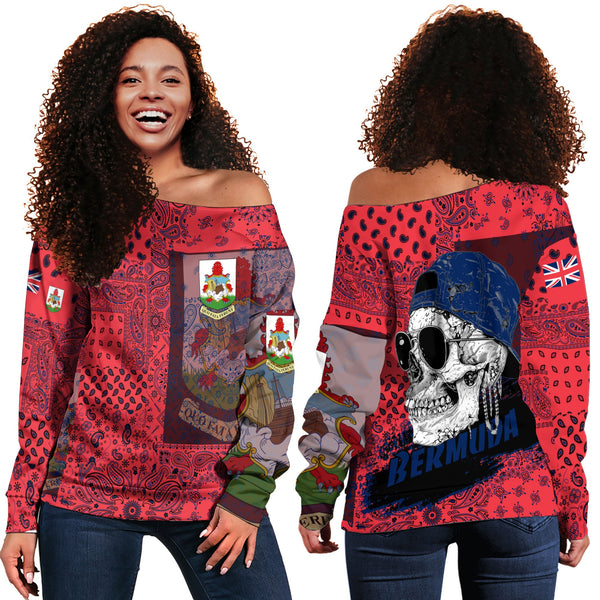 Bermuda Women Off Shoulder Sweatshirt Paisley Flag And Skull Style 1