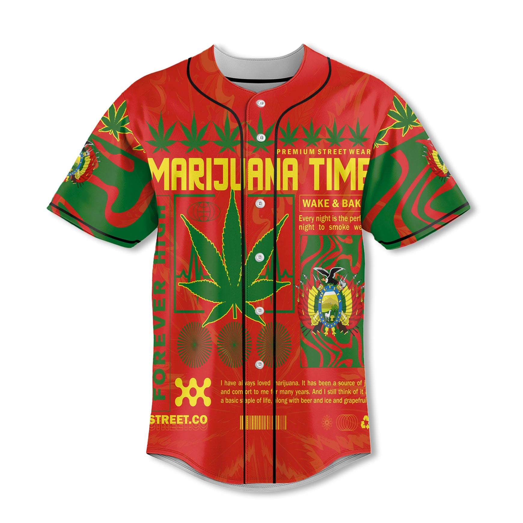 Bolivia Baseball Jersey Flag & Coat Of Arms Marijuanas Style