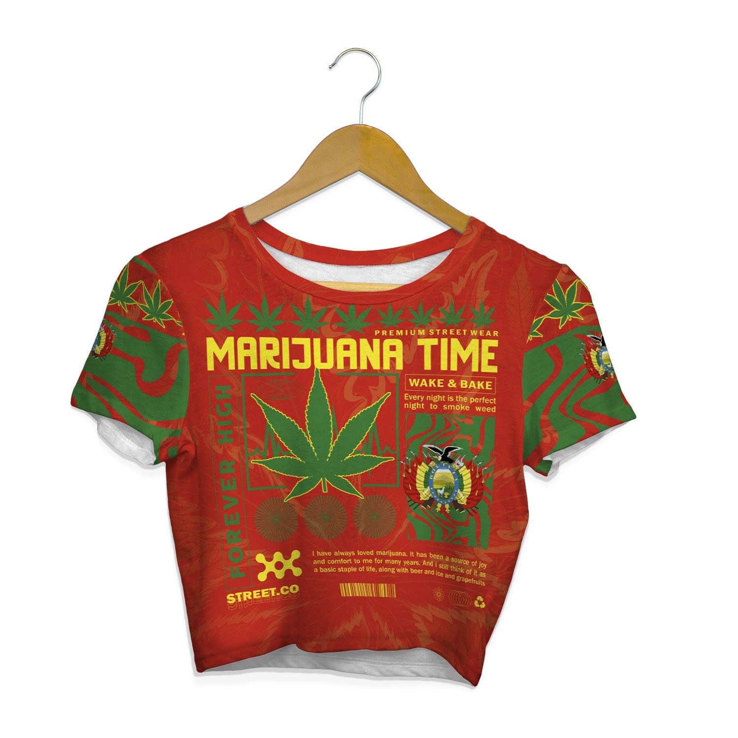 Bolivia Crop Top T Shirt Flag & Coat Of Arms Marijuanas Style