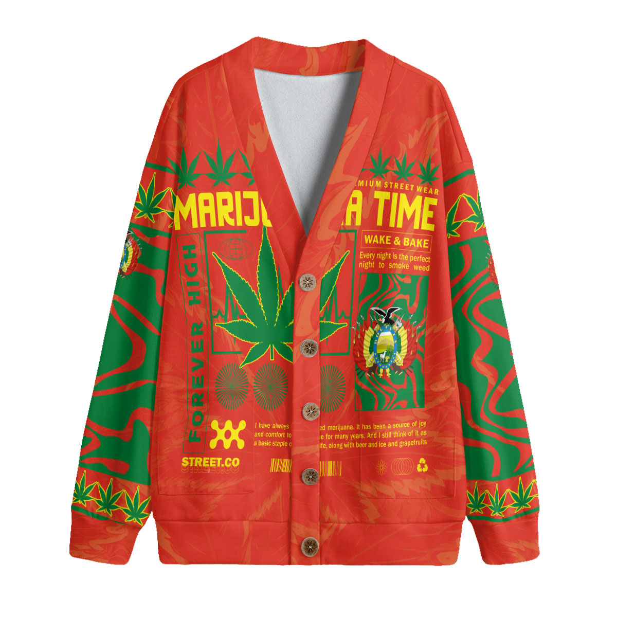 Bolivia Fleece Cardigan Flag & Coat Of Arms Marijuanas Style