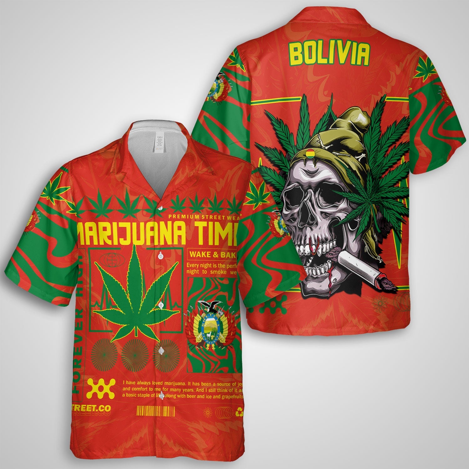 Bolivia Hawaiian Shirt Flag & Coat Of Arms Marijuanas Style