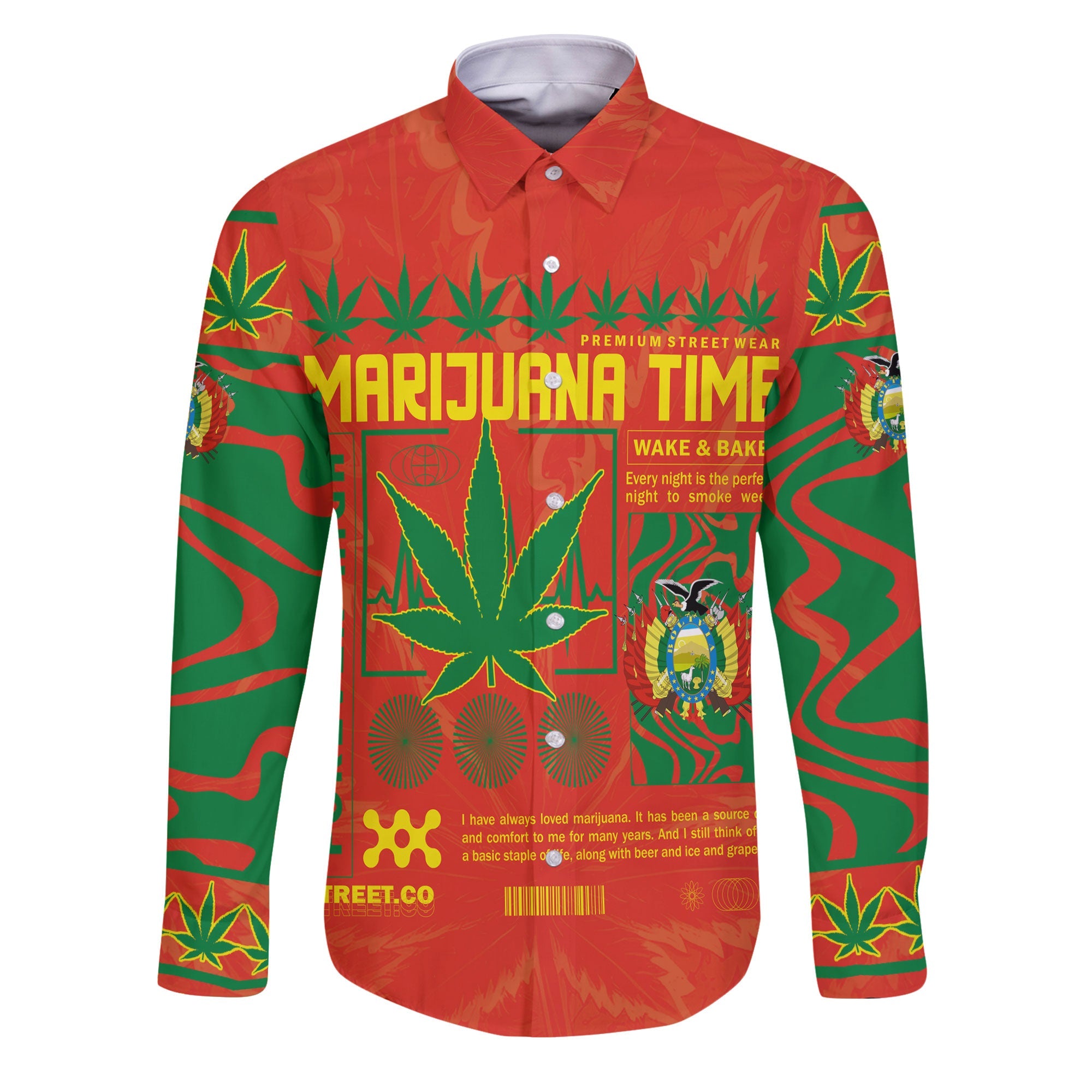 Bolivia Long Sleeve Button Shirt Flag & Coat Of Arms Marijuanas Style