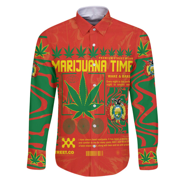 Bolivia Long Sleeve Button Shirt Flag & Coat Of Arms Marijuanas Style