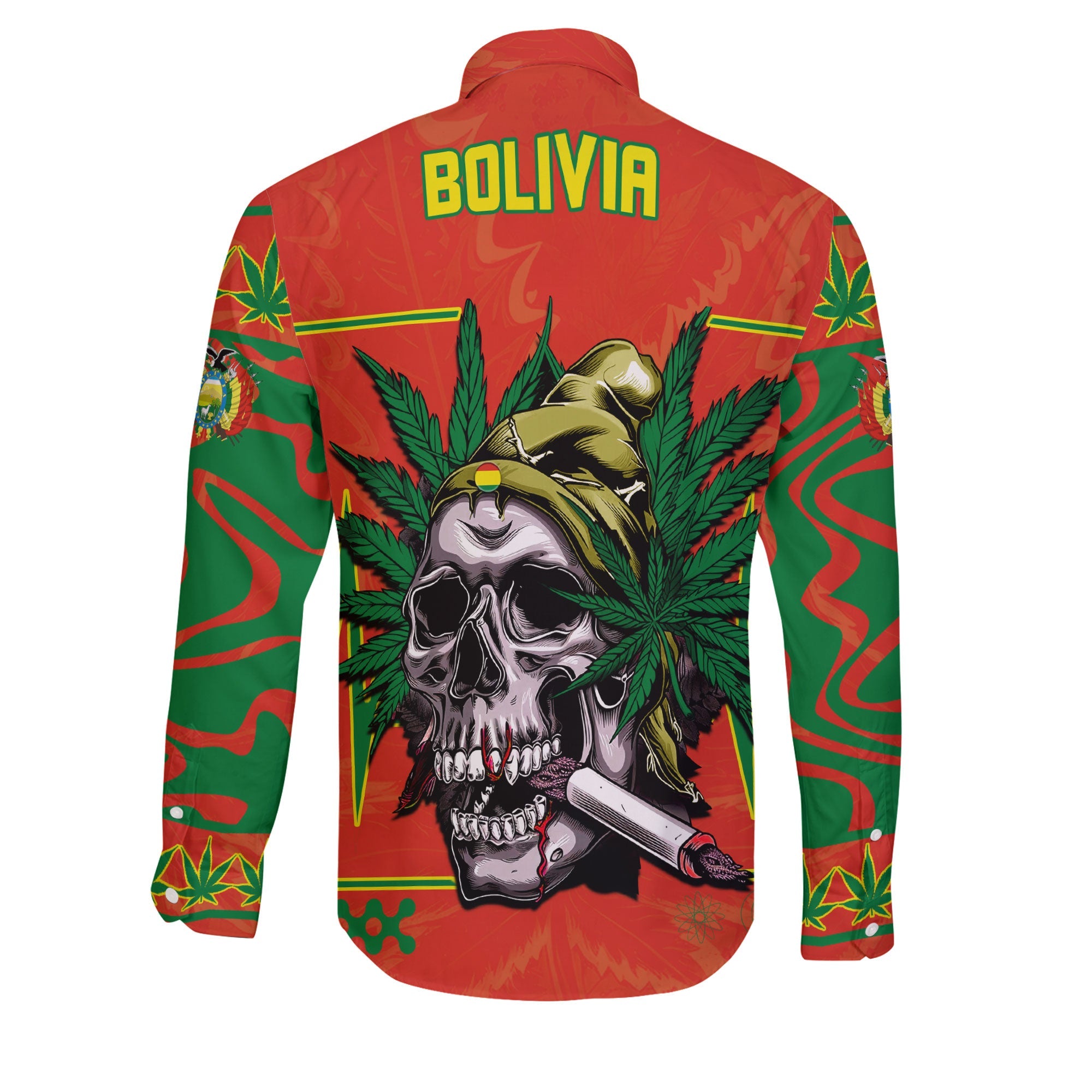 Bolivia Long Sleeve Button Shirt Flag & Coat Of Arms Marijuanas Style