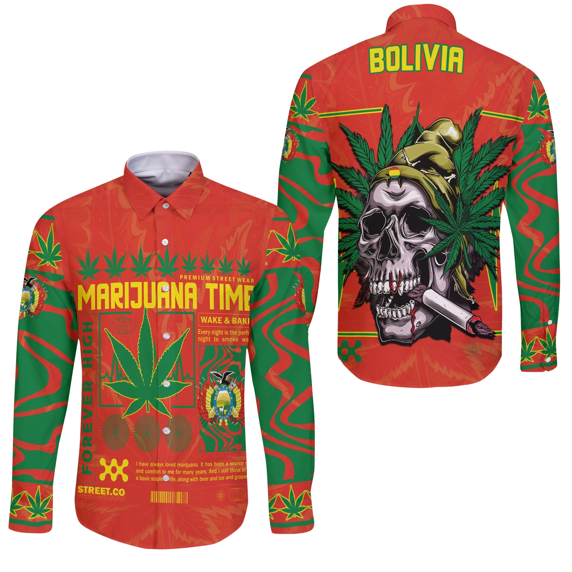 Bolivia Long Sleeve Button Shirt Flag & Coat Of Arms Marijuanas Style