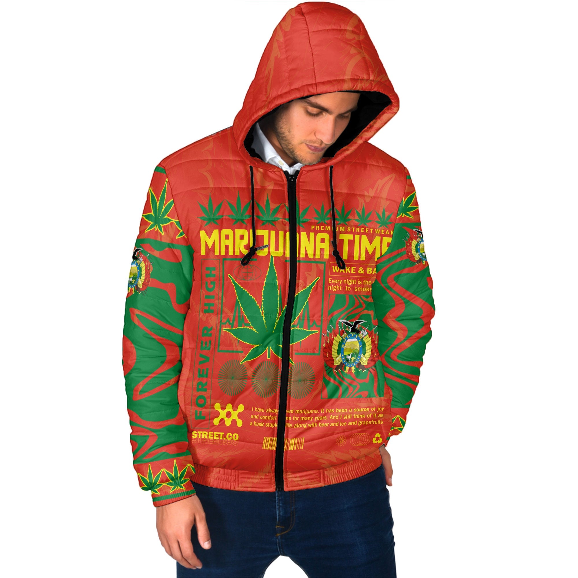 Bolivia Men Hooded Padded Jacket Flag & Coat Of Arms Marijuanas Style