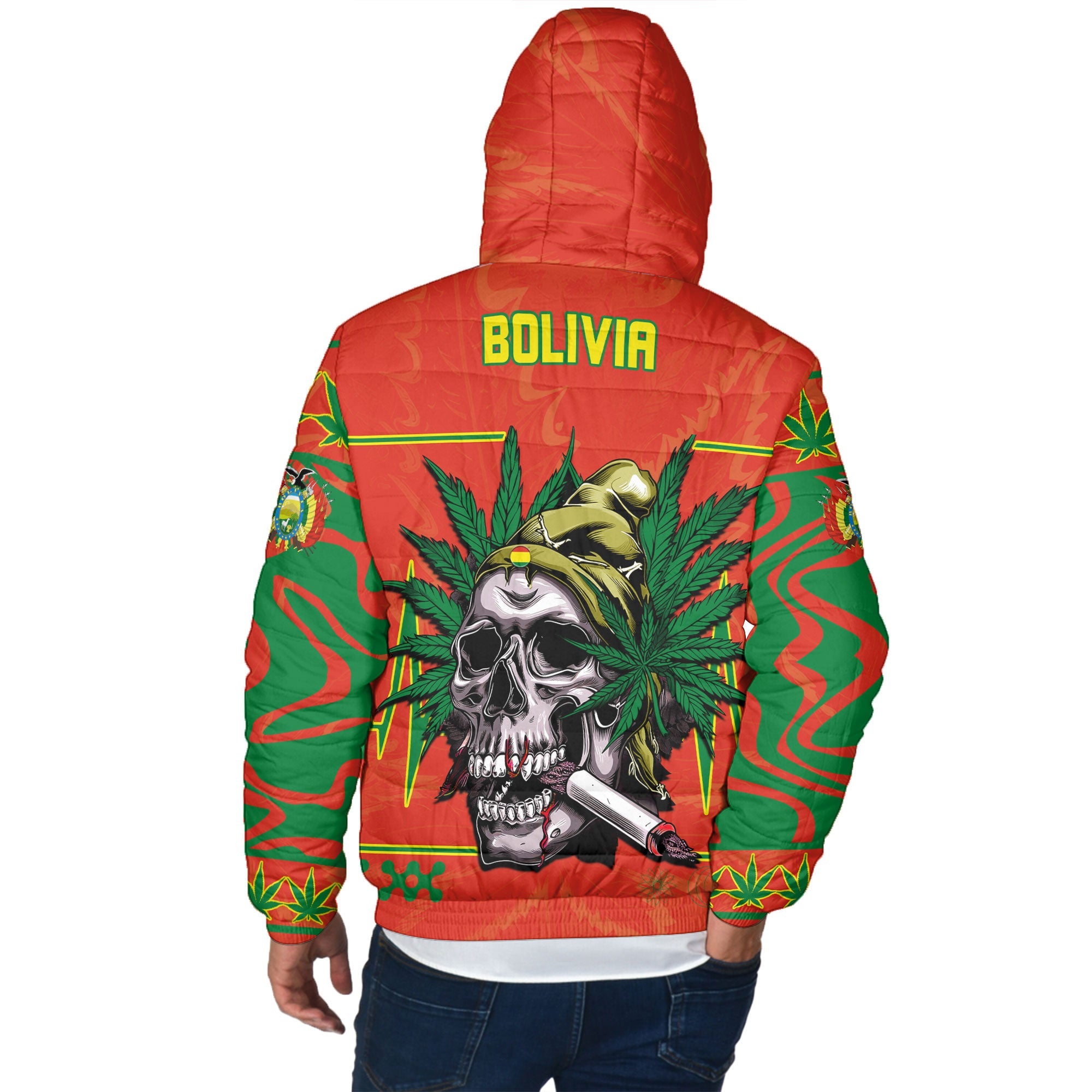 Bolivia Men Hooded Padded Jacket Flag & Coat Of Arms Marijuanas Style