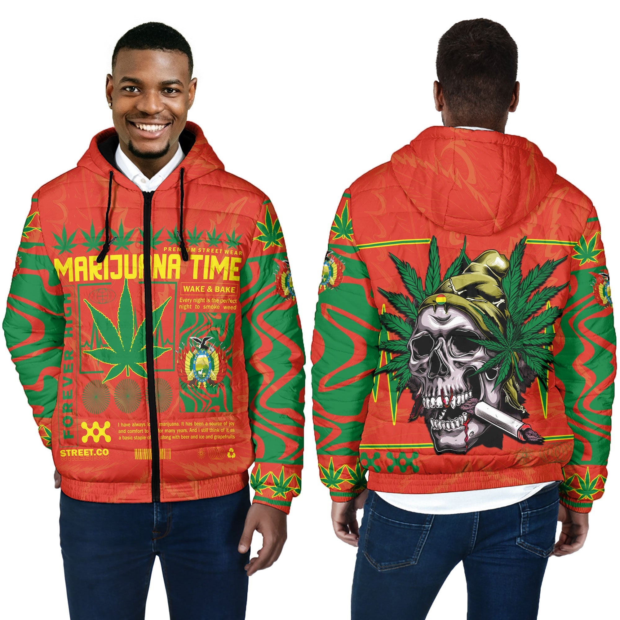 Bolivia Men Hooded Padded Jacket Flag & Coat Of Arms Marijuanas Style