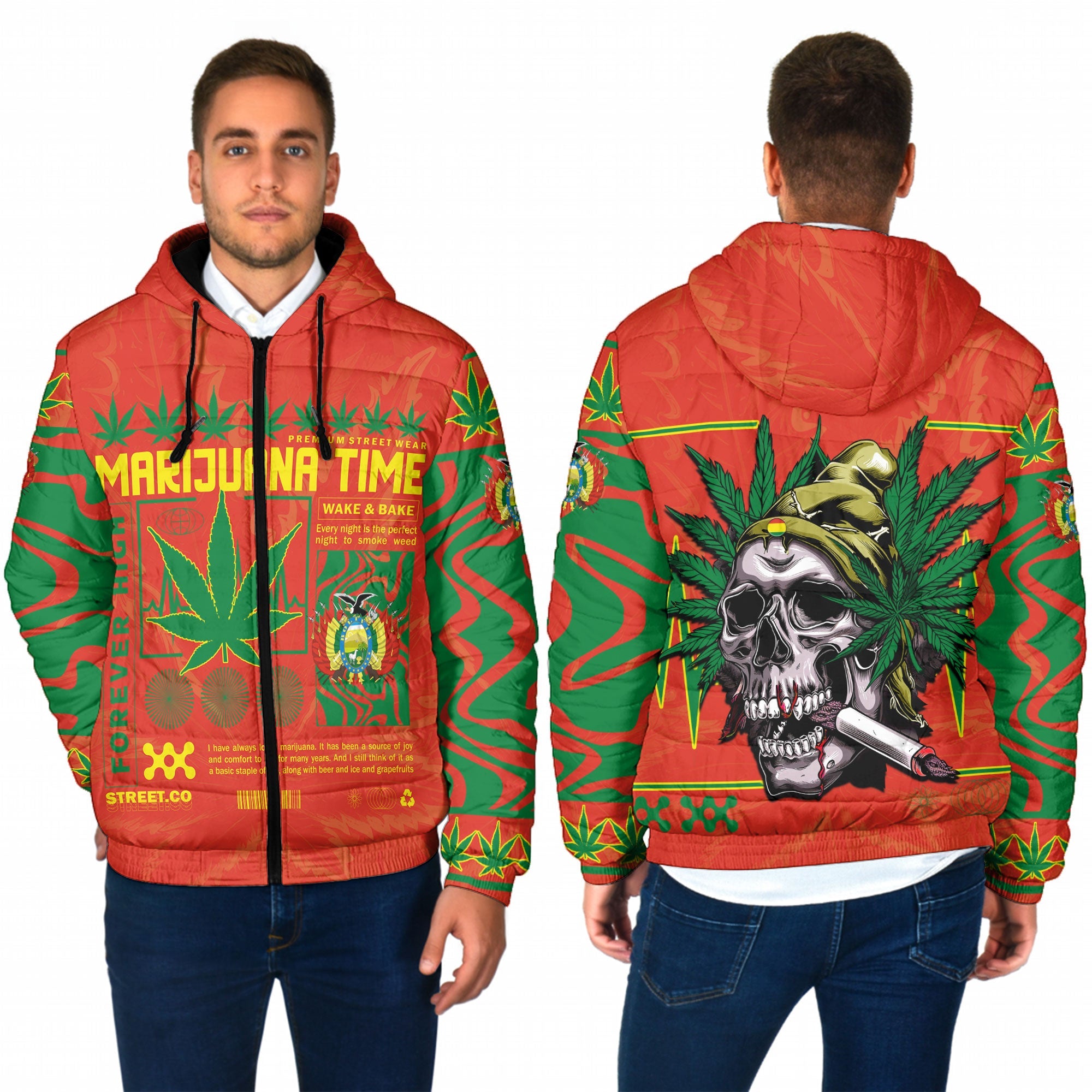 Bolivia Men Hooded Padded Jacket Flag & Coat Of Arms Marijuanas Style