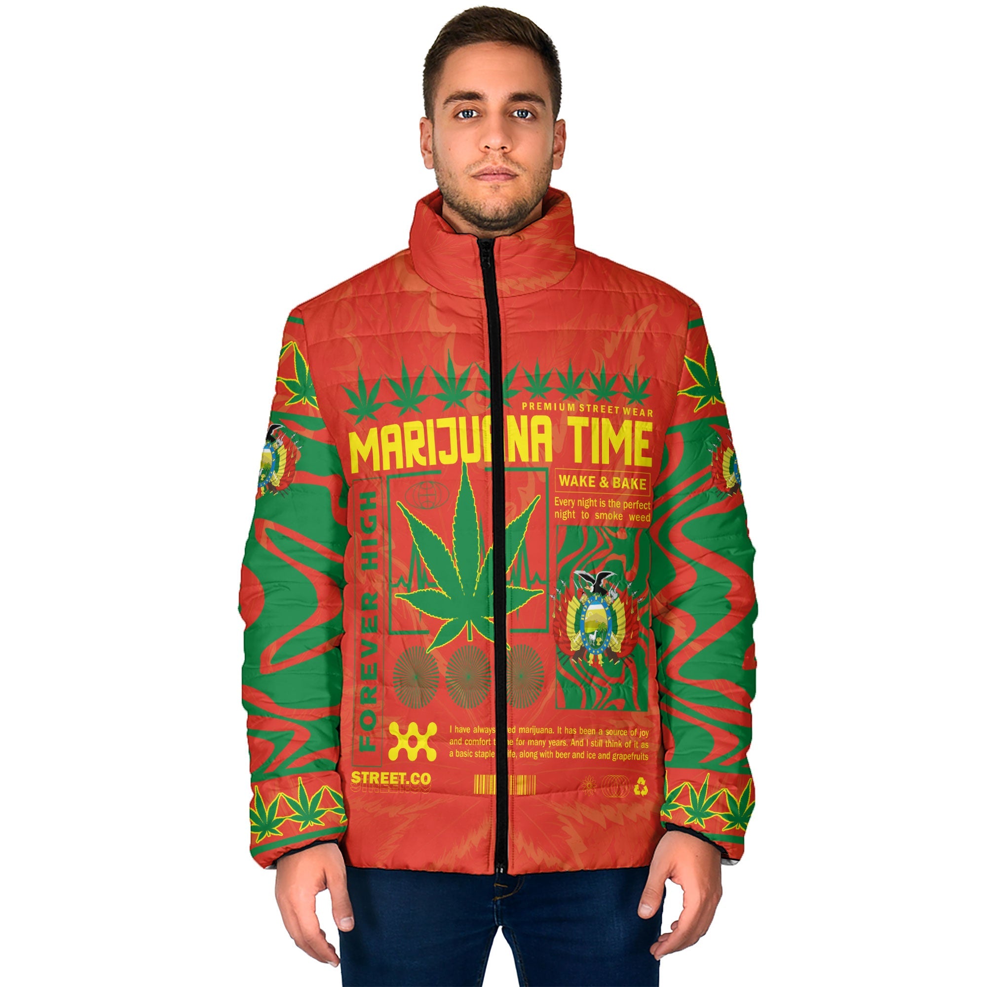 Bolivia Men Padded Jacket Flag & Coat Of Arms Marijuanas Style