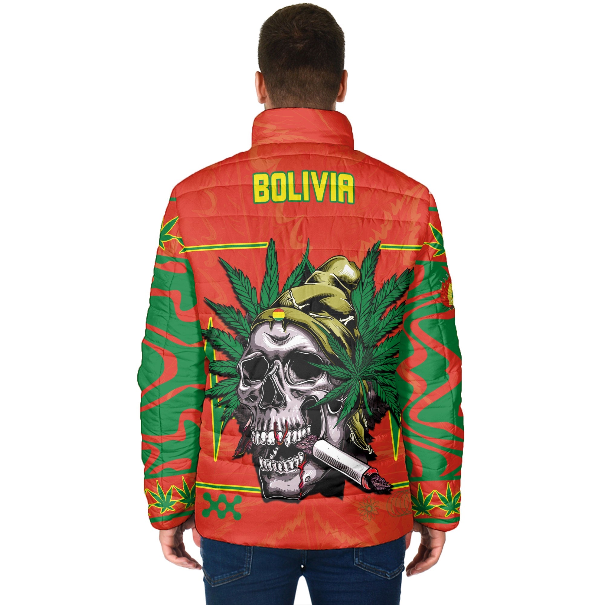 Bolivia Men Padded Jacket Flag & Coat Of Arms Marijuanas Style