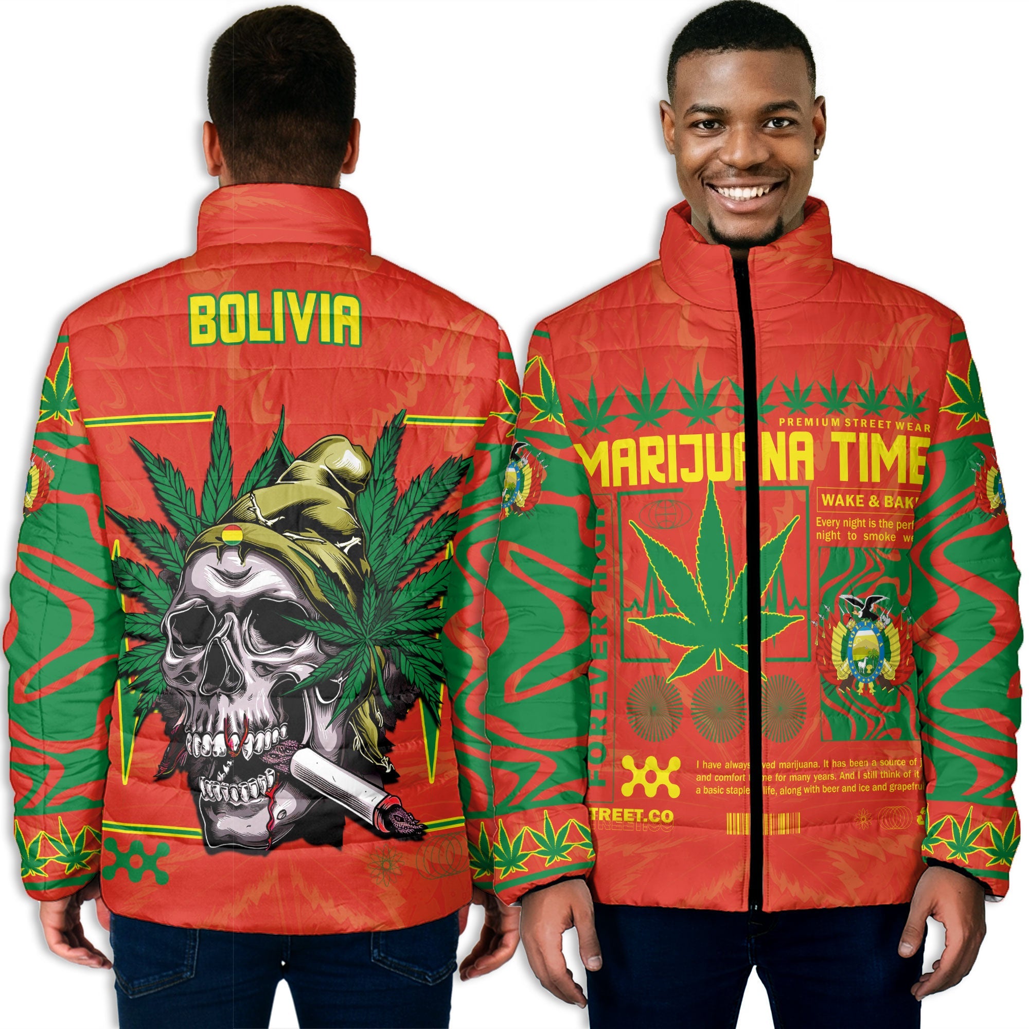 Bolivia Men Padded Jacket Flag & Coat Of Arms Marijuanas Style