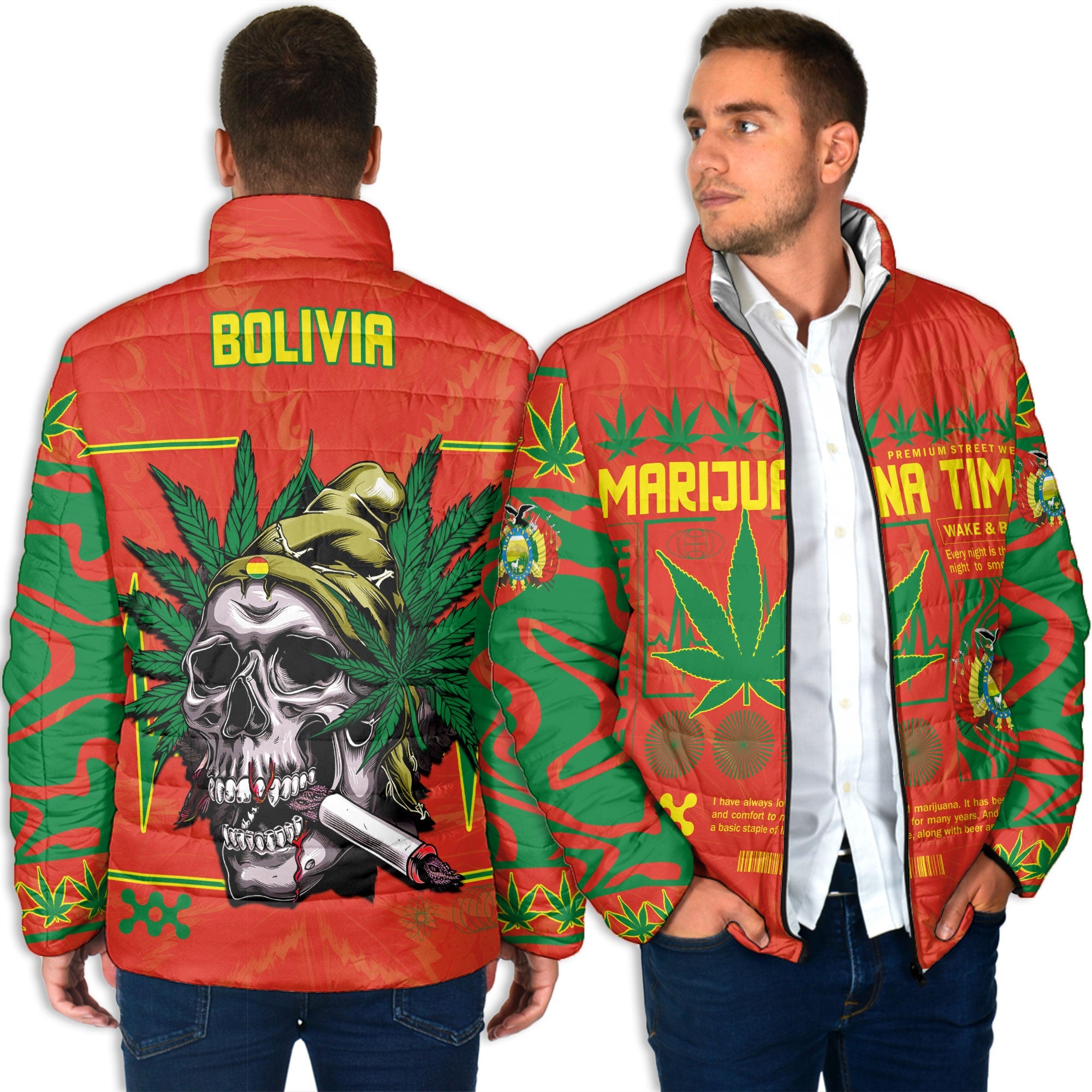 Bolivia Men Padded Jacket Flag & Coat Of Arms Marijuanas Style