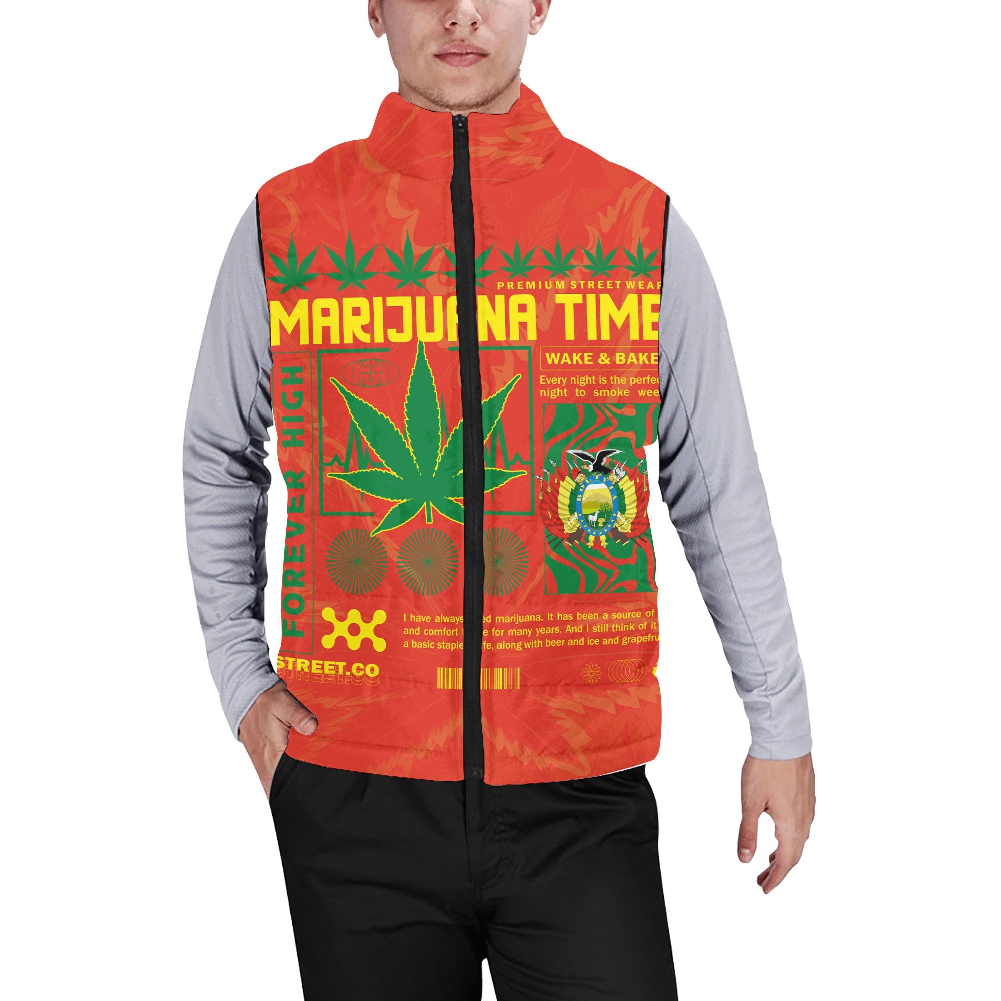 Bolivia Men Padded Jacket Vest Flag & Coat Of Arms Marijuanas Style