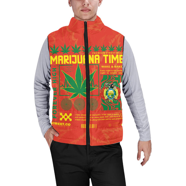 Bolivia Men Padded Jacket Vest Flag & Coat Of Arms Marijuanas Style