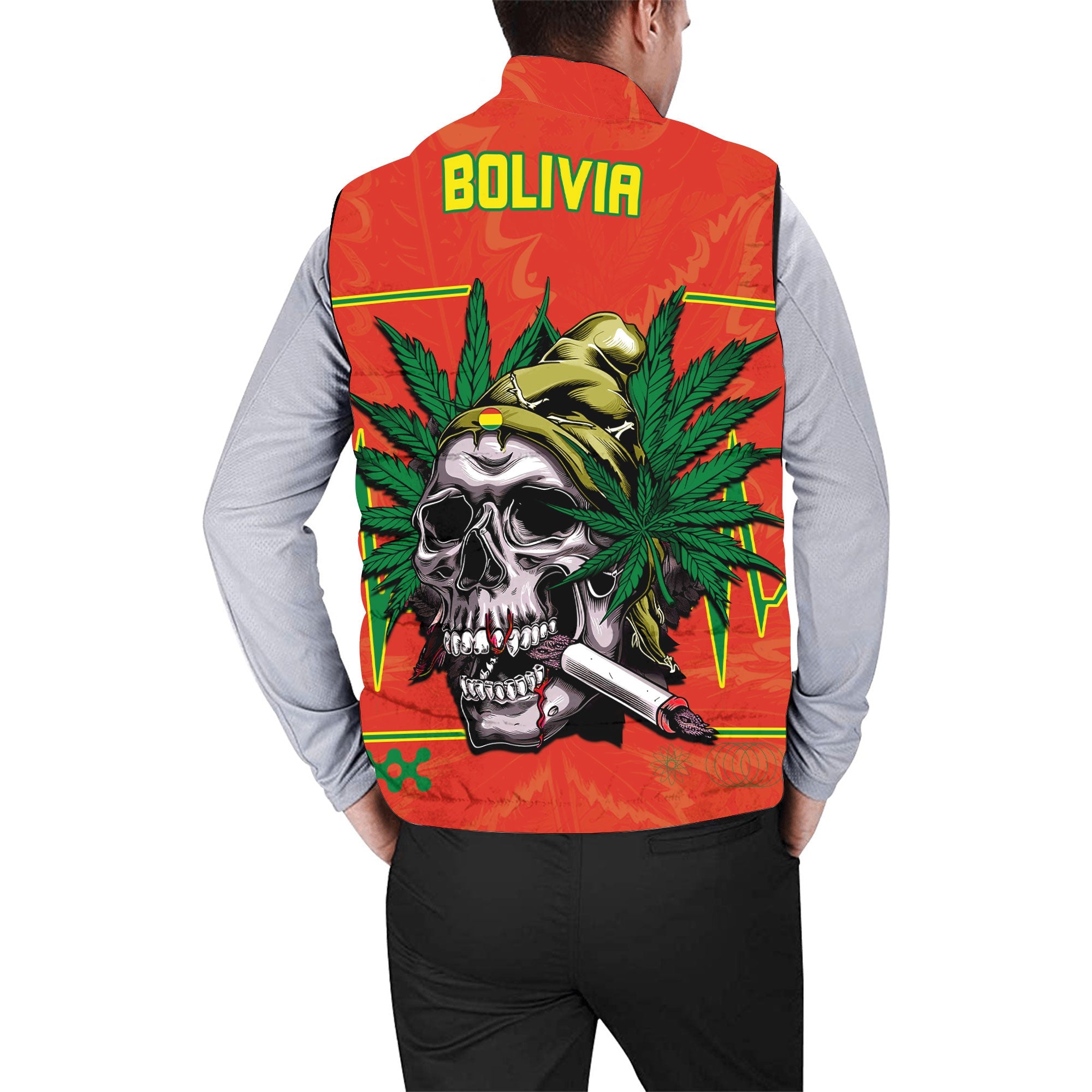 Bolivia Men Padded Jacket Vest Flag & Coat Of Arms Marijuanas Style