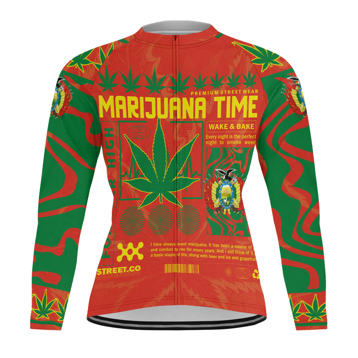 Bolivia Men's Cycling Jersey Long Sleeve Flag & Coat Of Arms Marijuanas Style