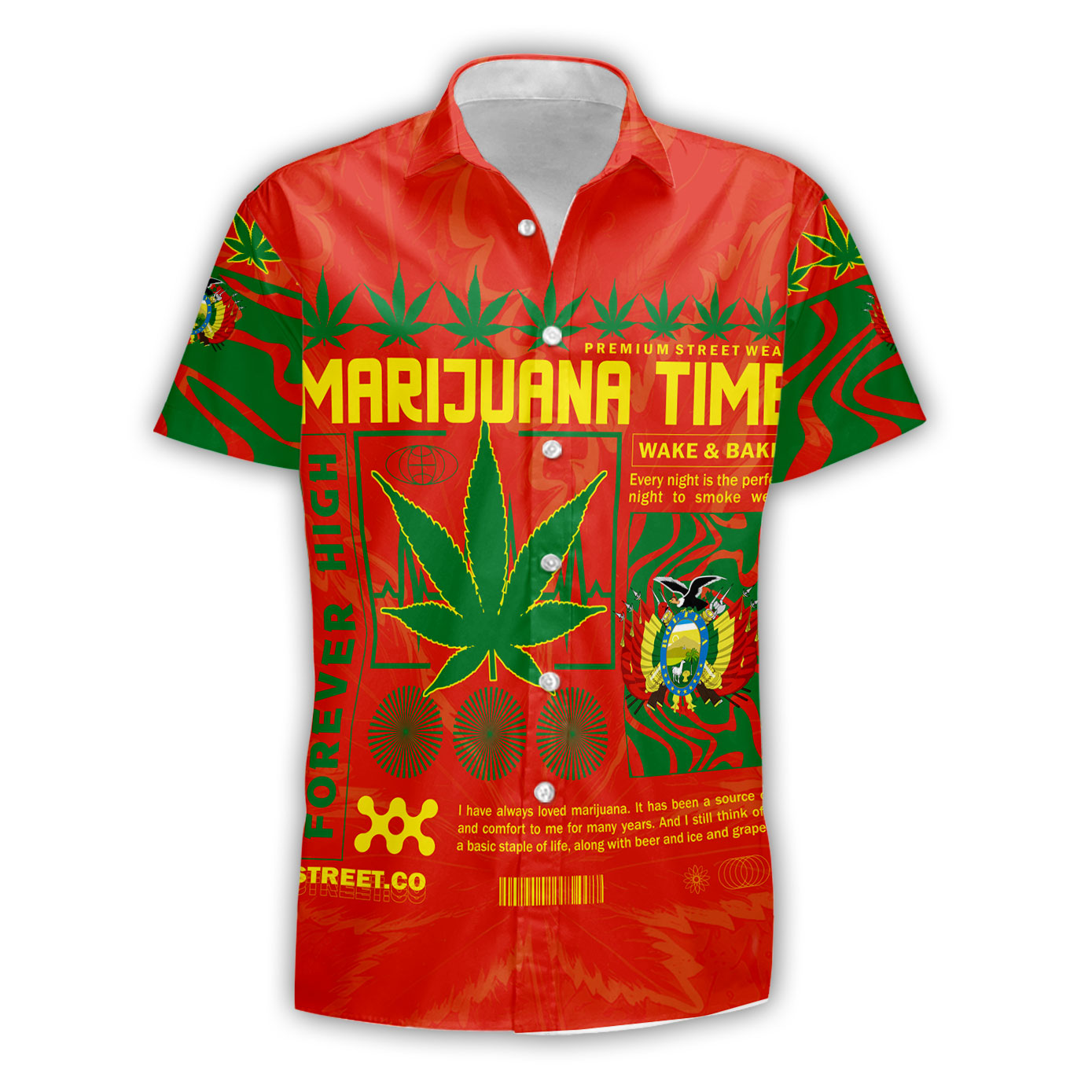 Bolivia Short Sleeve Shirt Flag & Coat Of Arms Marijuanas Style