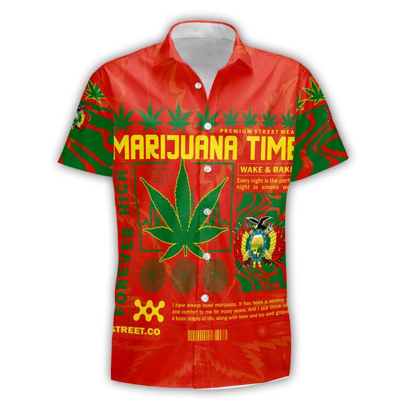 Bolivia Short Sleeve Shirt Flag & Coat Of Arms Marijuanas Style