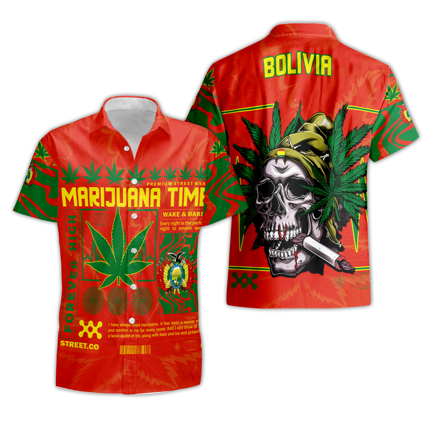 Bolivia Short Sleeve Shirt Flag & Coat Of Arms Marijuanas Style