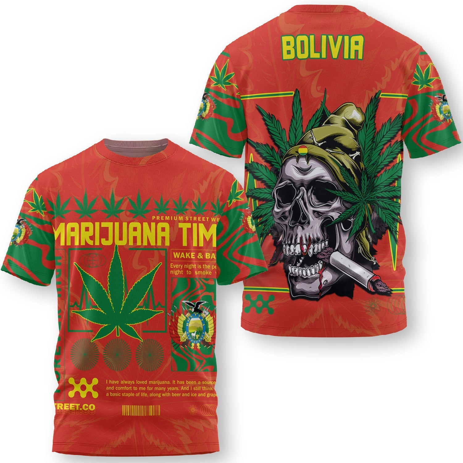 Bolivia T Shirt Flag & Coat Of Arms Marijuanas Style