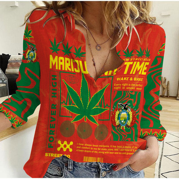 Bolivia Women Casual Shirt Flag & Coat Of Arms Marijuanas Style