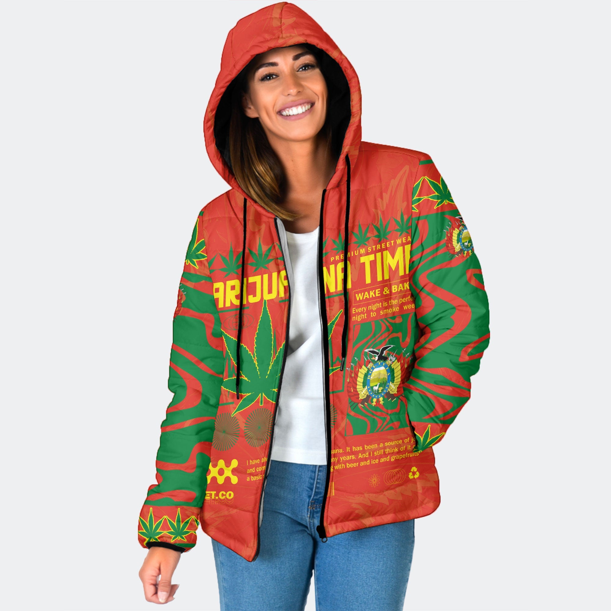 Bolivia Women Hooded Padded Jacket Flag & Coat Of Arms Marijuanas Style