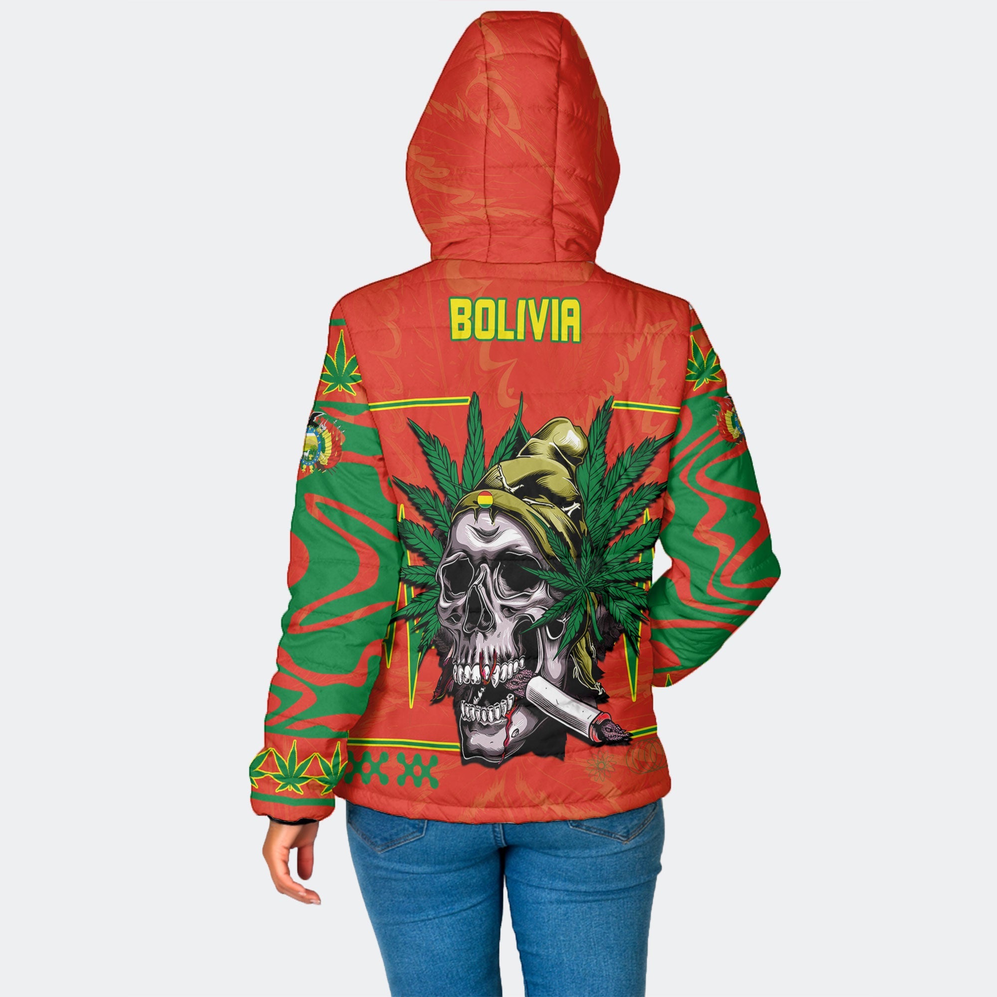 Bolivia Women Hooded Padded Jacket Flag & Coat Of Arms Marijuanas Style