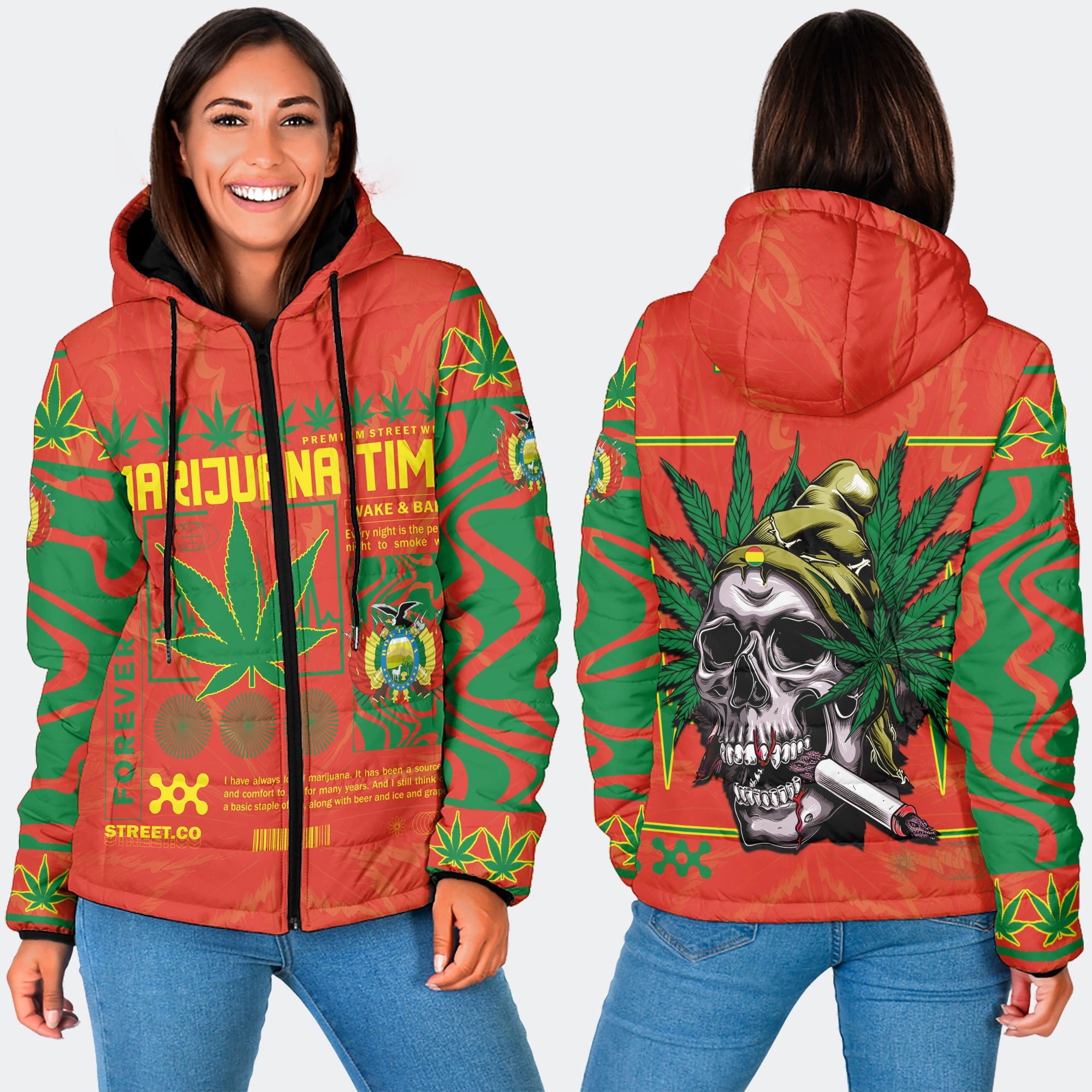 Bolivia Women Hooded Padded Jacket Flag & Coat Of Arms Marijuanas Style