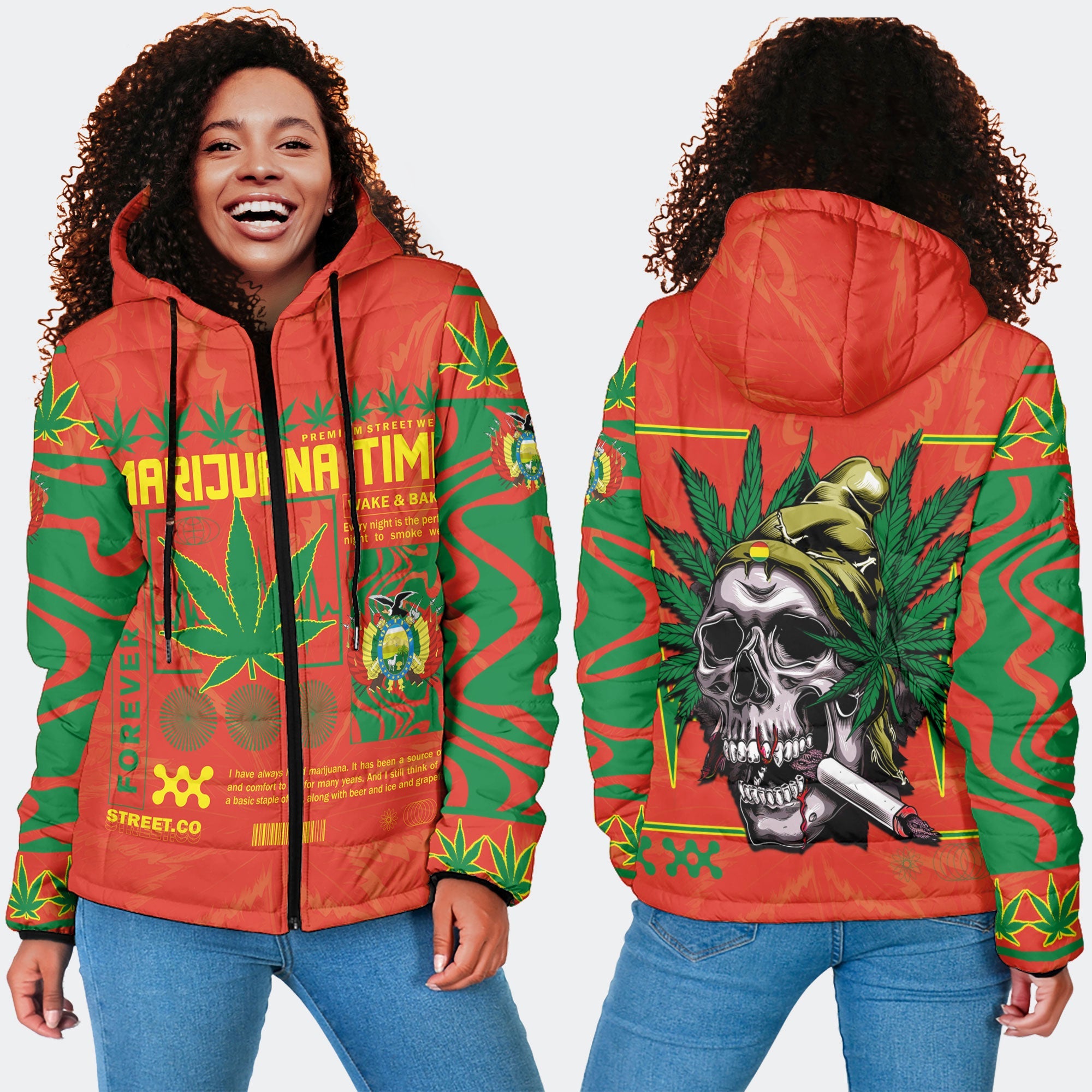 Bolivia Women Hooded Padded Jacket Flag & Coat Of Arms Marijuanas Style