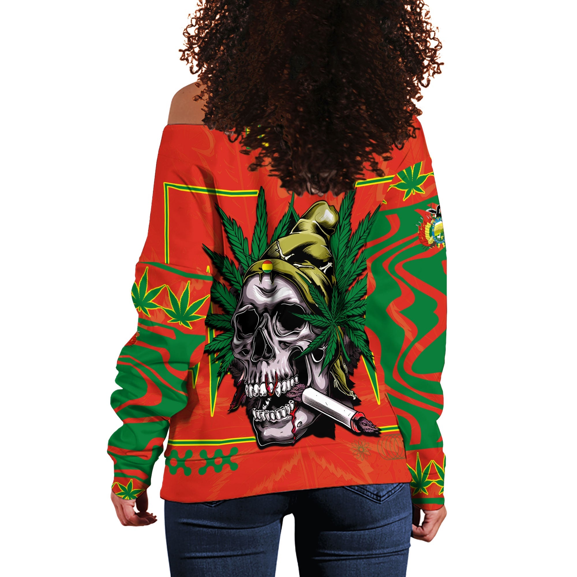 Bolivia Women Off Shoulder Sweatshirt Flag & Coat Of Arms Marijuanas Style