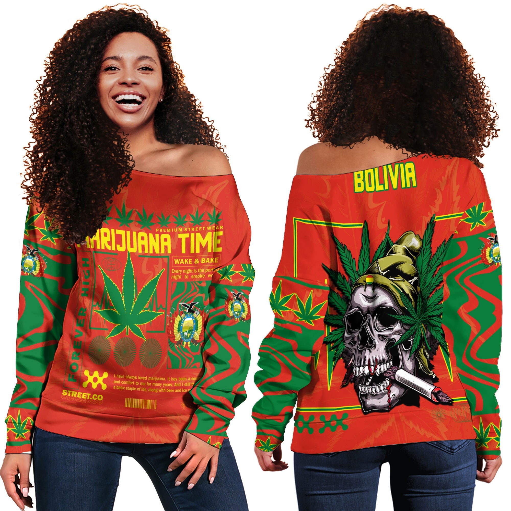 Bolivia Women Off Shoulder Sweatshirt Flag & Coat Of Arms Marijuanas Style