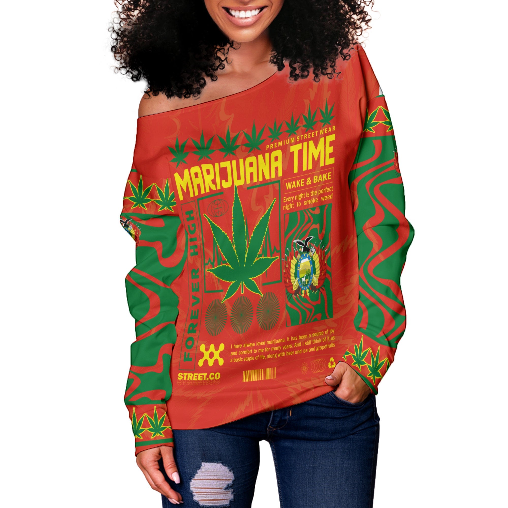 Bolivia Women Off Shoulder Sweatshirt Flag & Coat Of Arms Marijuanas Style