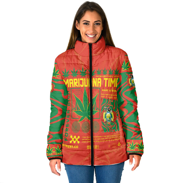 Bolivia Women Padded Jacket Flag & Coat Of Arms Marijuanas Style