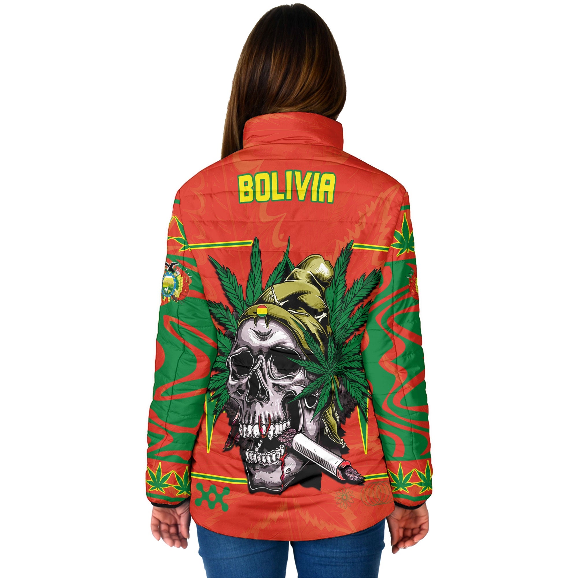 Bolivia Women Padded Jacket Flag & Coat Of Arms Marijuanas Style