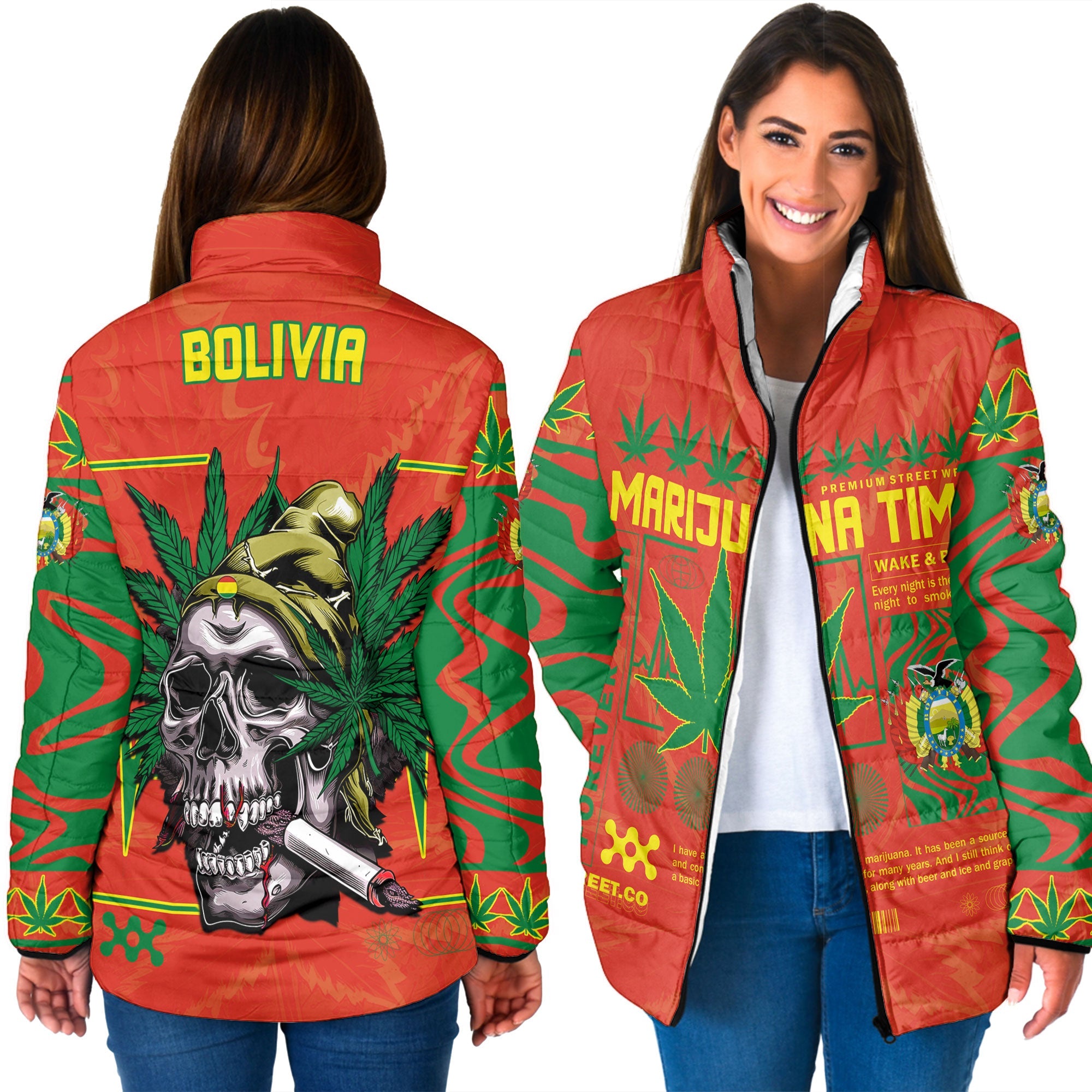 Bolivia Women Padded Jacket Flag & Coat Of Arms Marijuanas Style