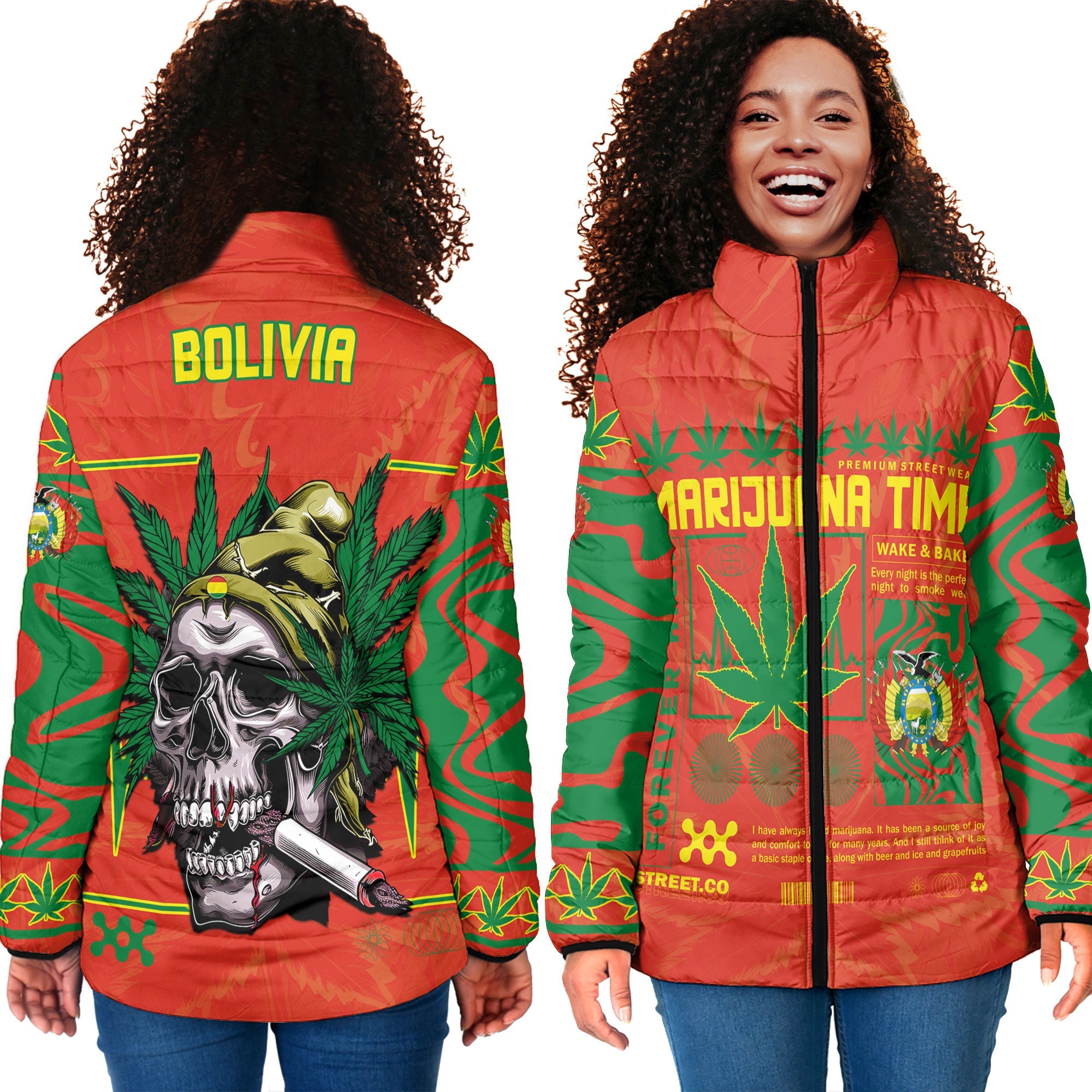 Bolivia Women Padded Jacket Flag & Coat Of Arms Marijuanas Style