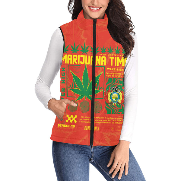 Bolivia Women Padded Jacket Vest Flag & Coat Of Arms Marijuanas Style