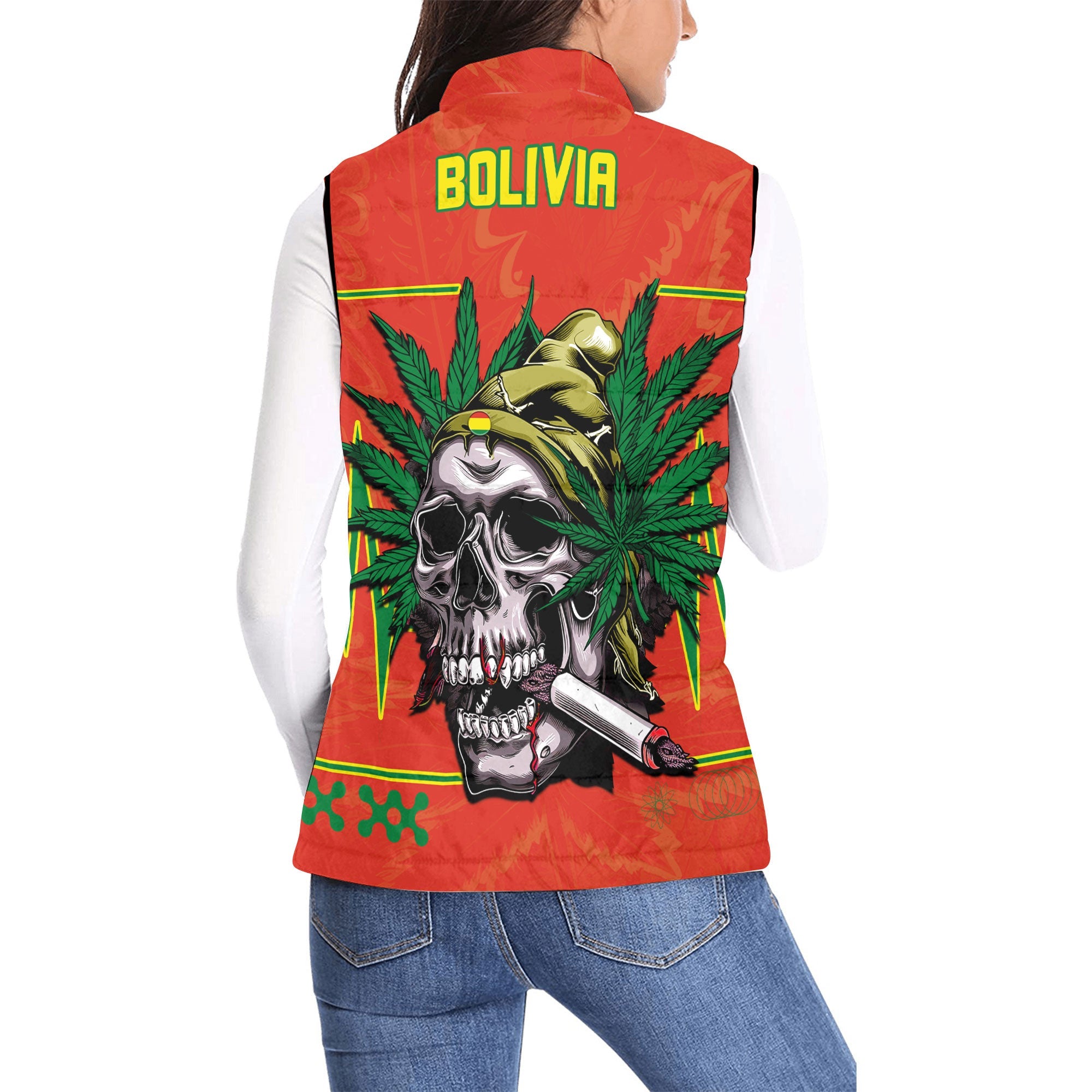 Bolivia Women Padded Jacket Vest Flag & Coat Of Arms Marijuanas Style