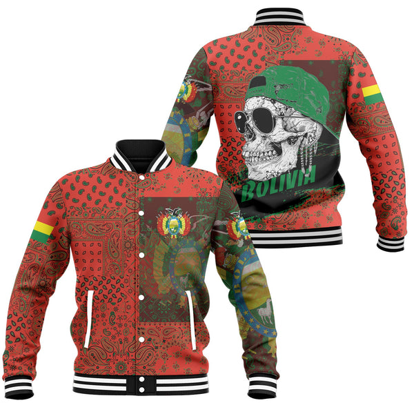 Bolivia Baseball Jacket Paisley Flag And Skull Style 1