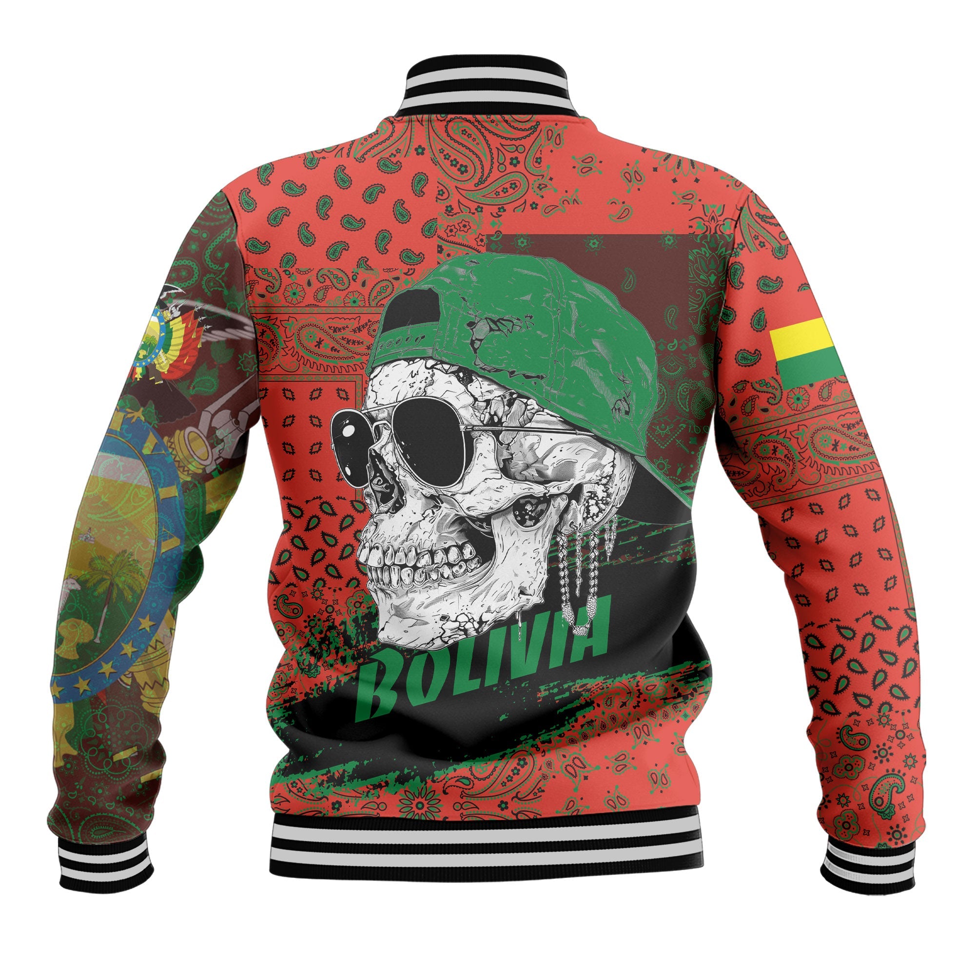 Bolivia Baseball Jacket Paisley Flag And Skull Style 3