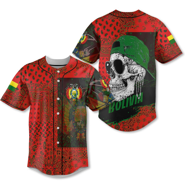 Bolivia Baseball Jersey Paisley Flag And Skull Style 1