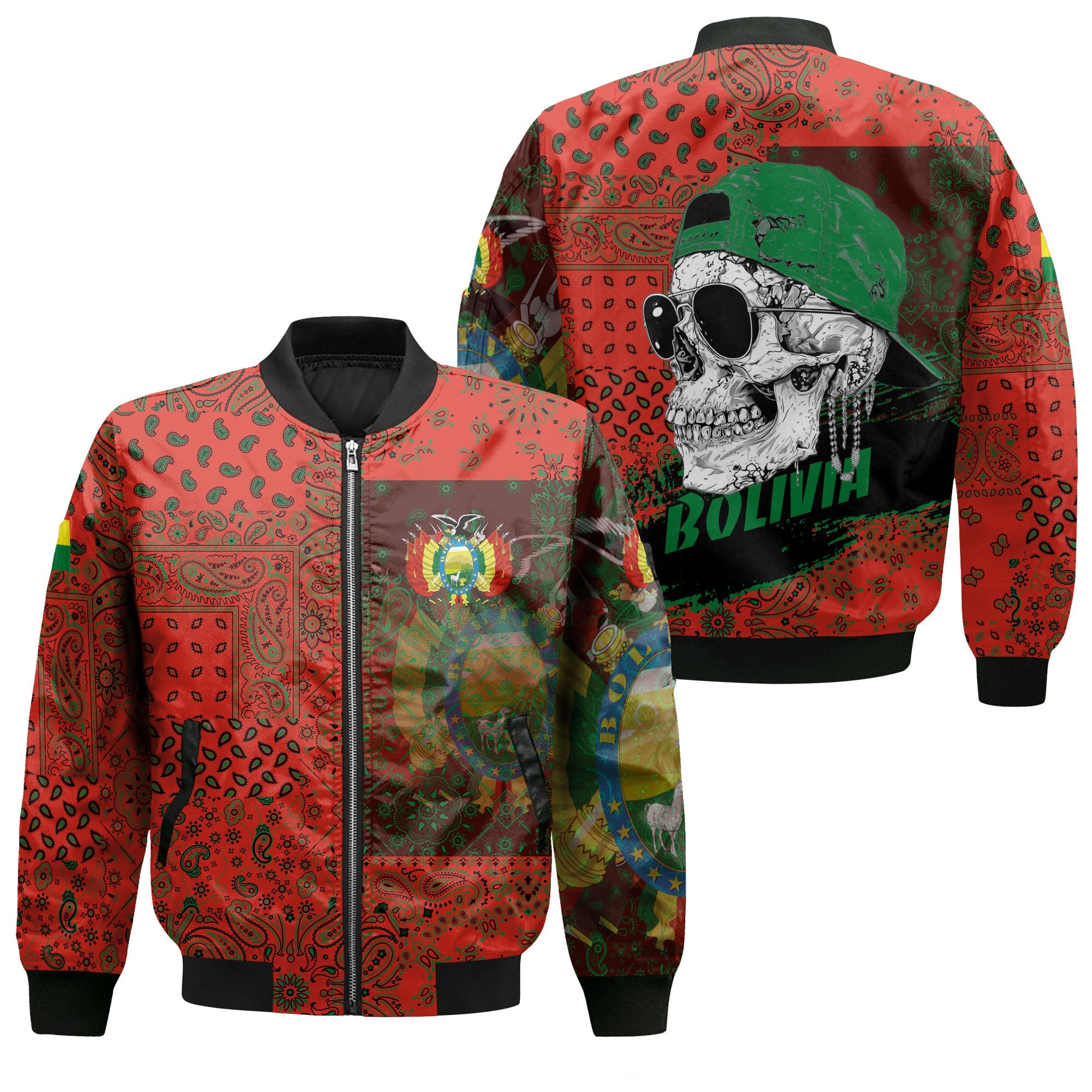 Bolivia Bomber Jacket Paisley Flag And Skull Style 1