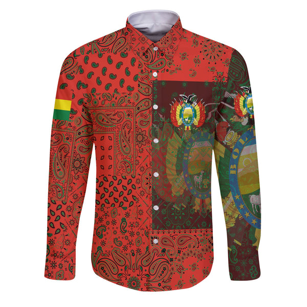 Bolivia Long Sleeve Button Shirt Paisley Flag And Skull Style 1