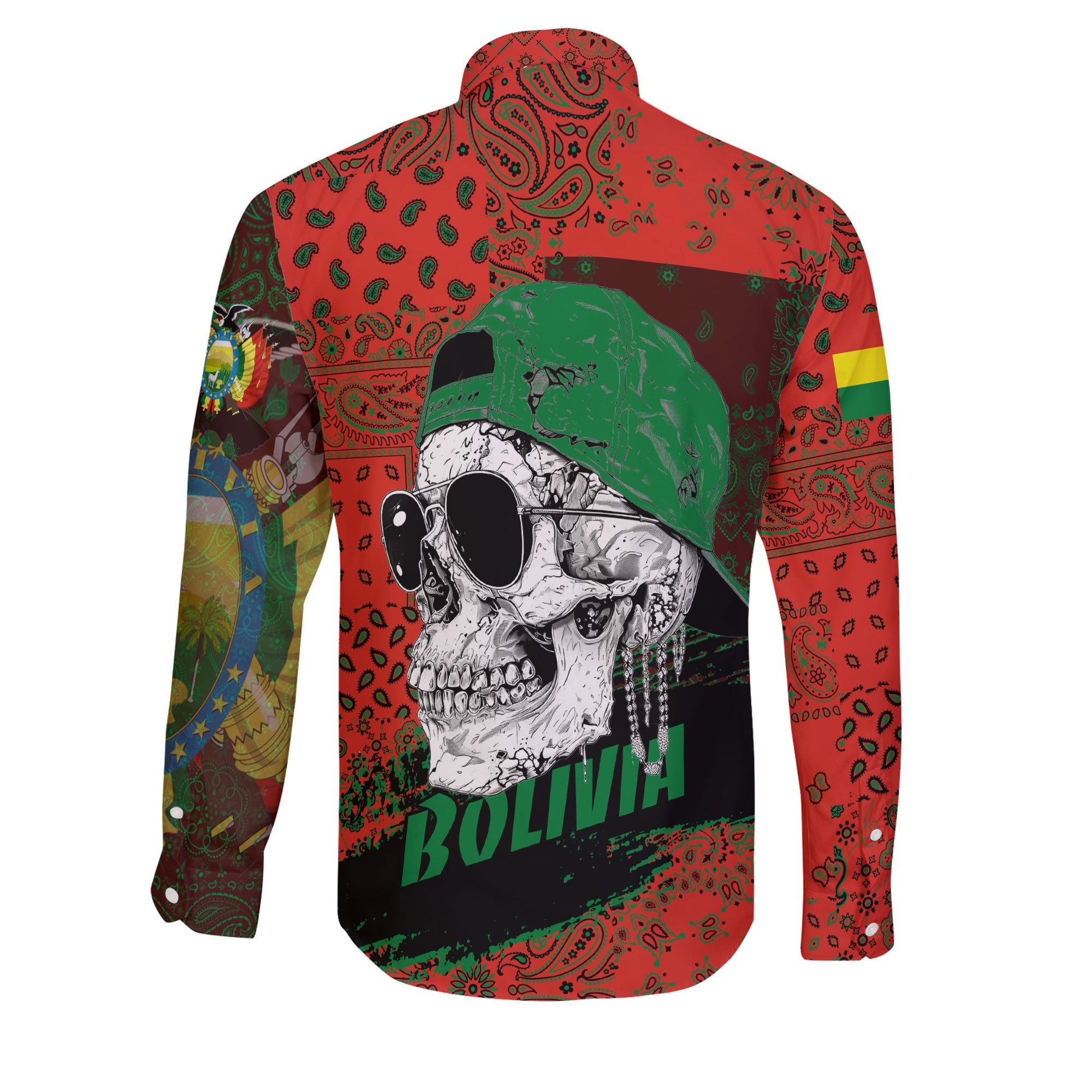 Bolivia Long Sleeve Button Shirt Paisley Flag And Skull Style 2