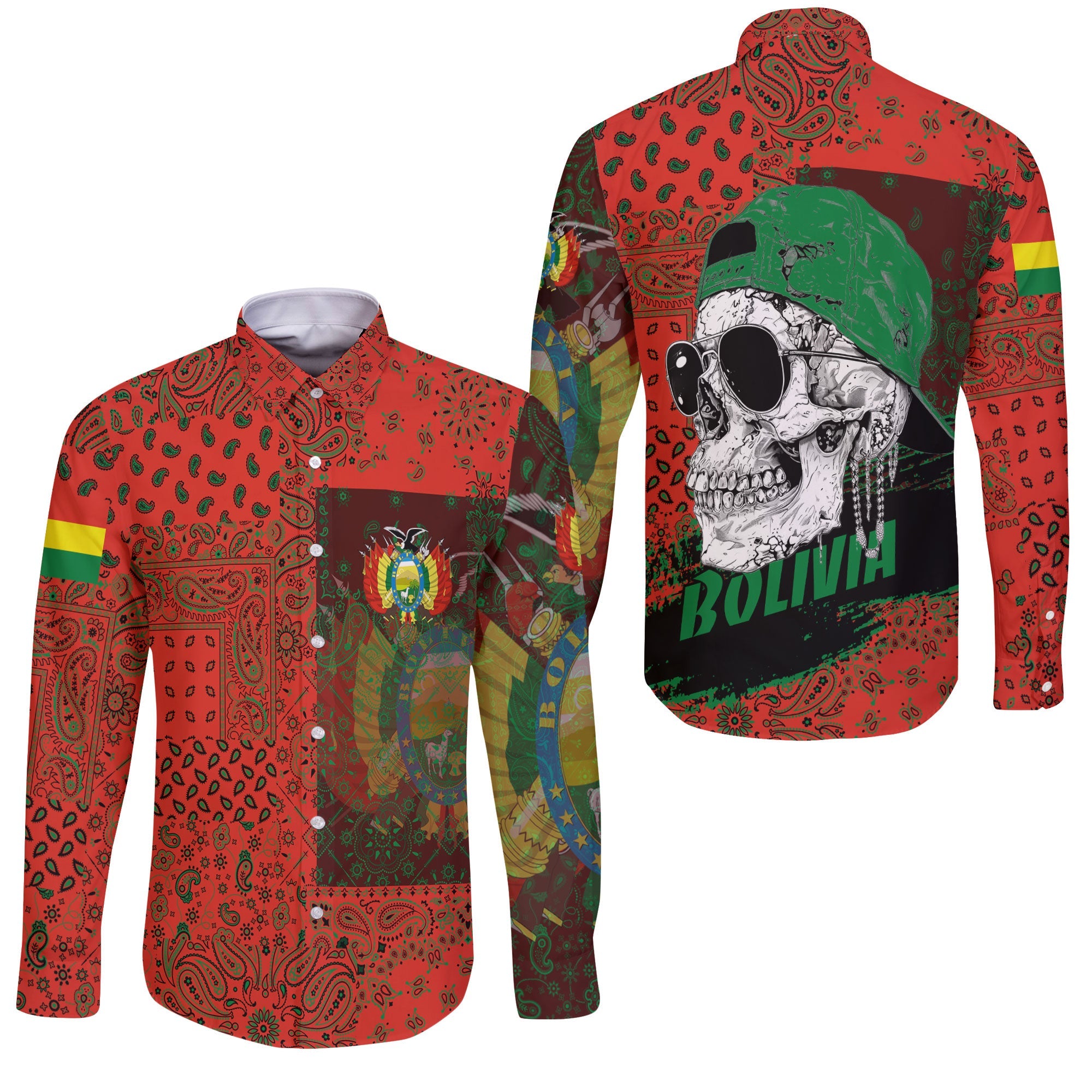 Bolivia Long Sleeve Button Shirt Paisley Flag And Skull Style 3